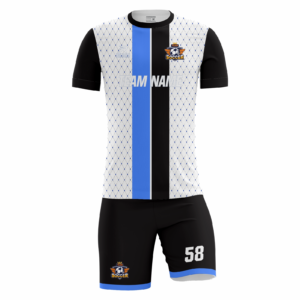 Axisline custom soccer kit in white, black and blue by Rexmon Industries