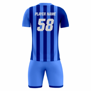 Barcelo fully sublimated custom soccer uniform in royal blue and bright blue