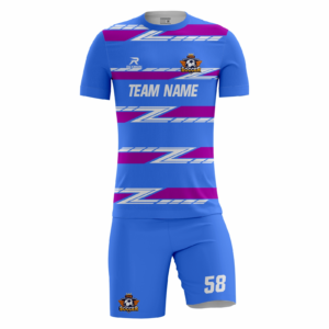 Bluebolt custom soccer kit in royal blue, magenta and white by Rexmon Industries