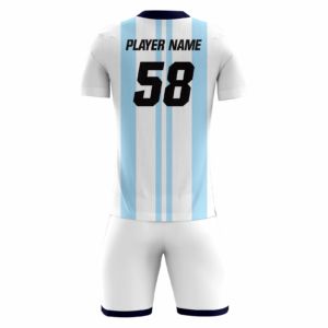 Celestia fully sublimated custom soccer uniform in sky blue and white