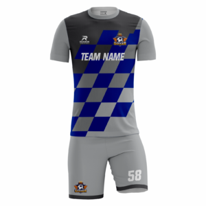 Crossfield custom soccer kit in grey, navy and blue by Rexmon Industries