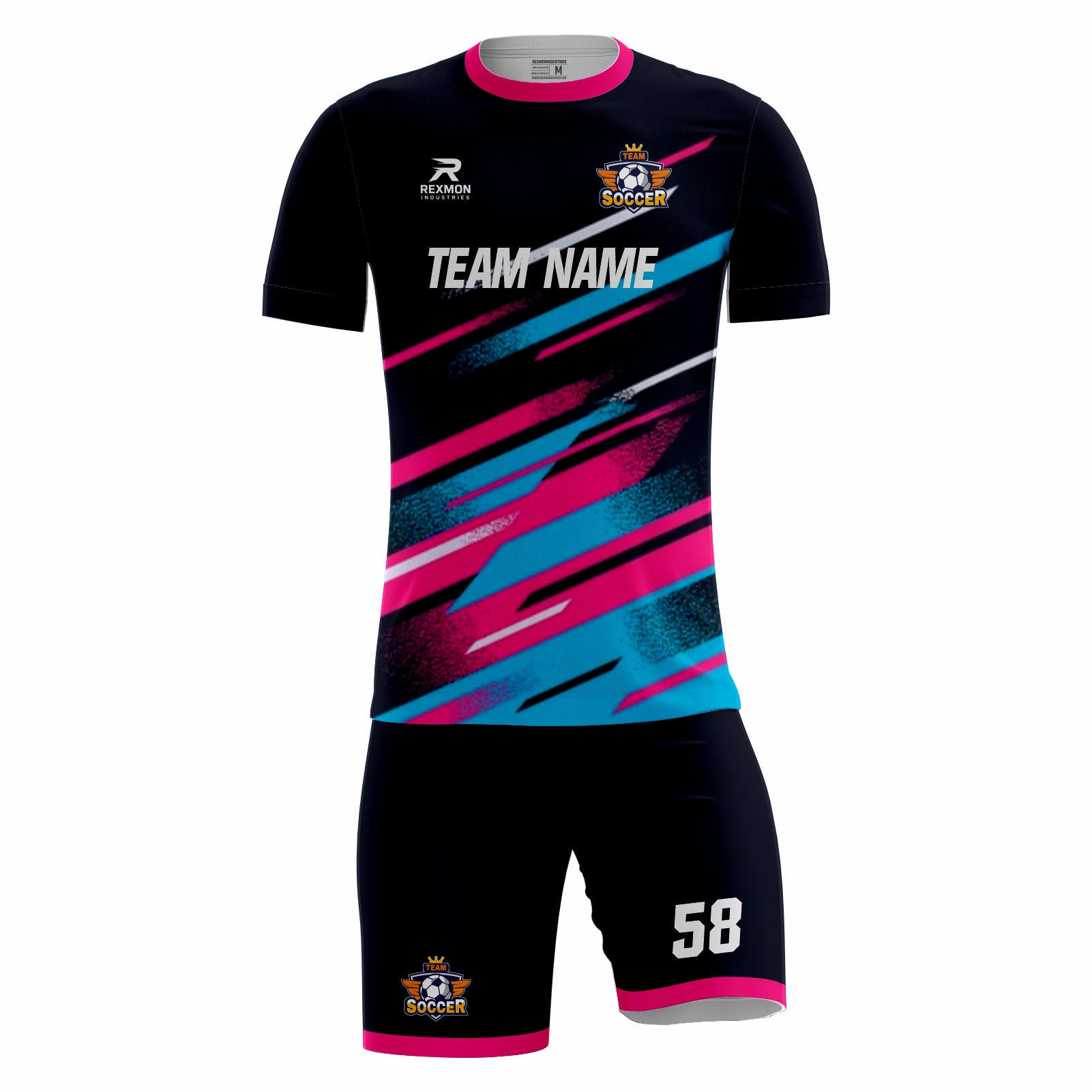 Neonrush custom soccer kit in black, cyan and pink by Rexmon Industries