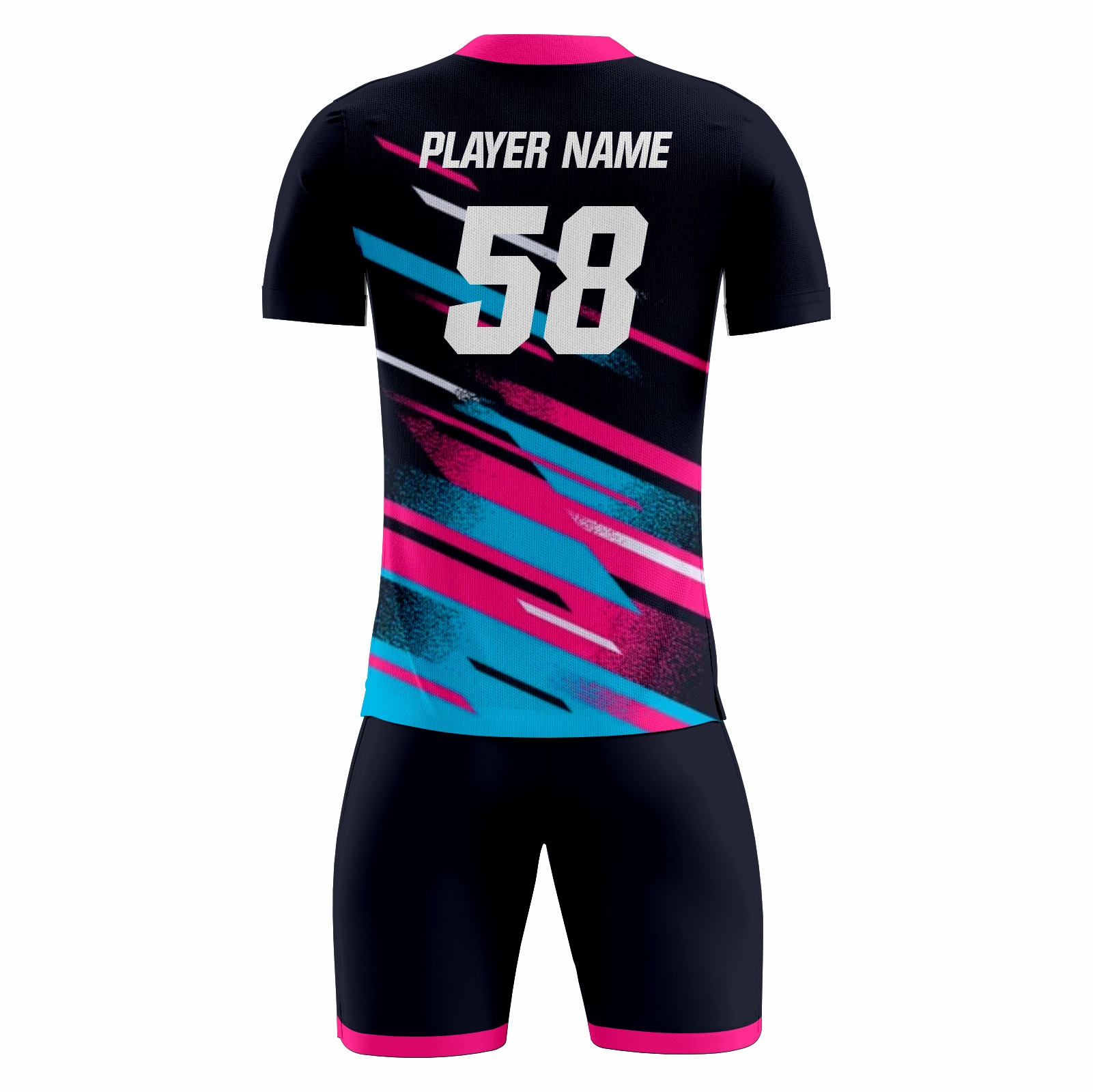 Neonrush. Neonrush fully sublimated custom soccer uniform in black, cyan and pink