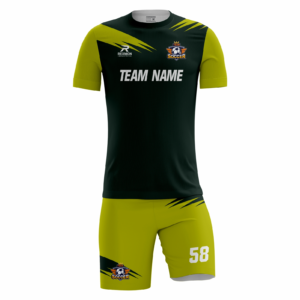 Nightfang fully sublimated custom soccer uniform in dark green and olive yellow