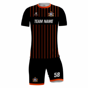 Pinstrix custom soccer kit in black and orange by Rexmon Industries