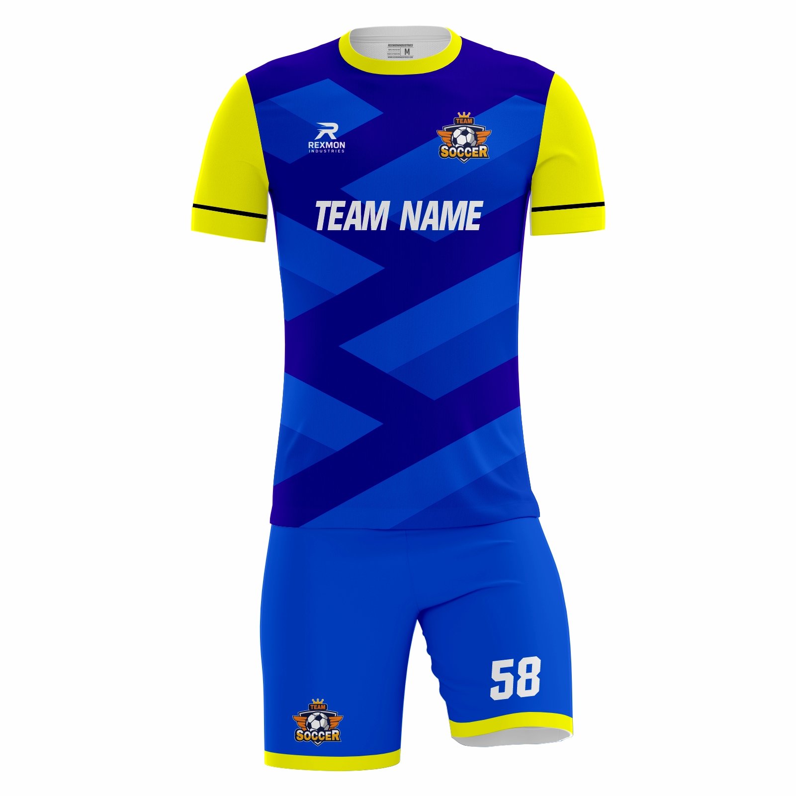 Prismforge custom soccer kit in royal blue, navy and yellow by Rexmon Industries
