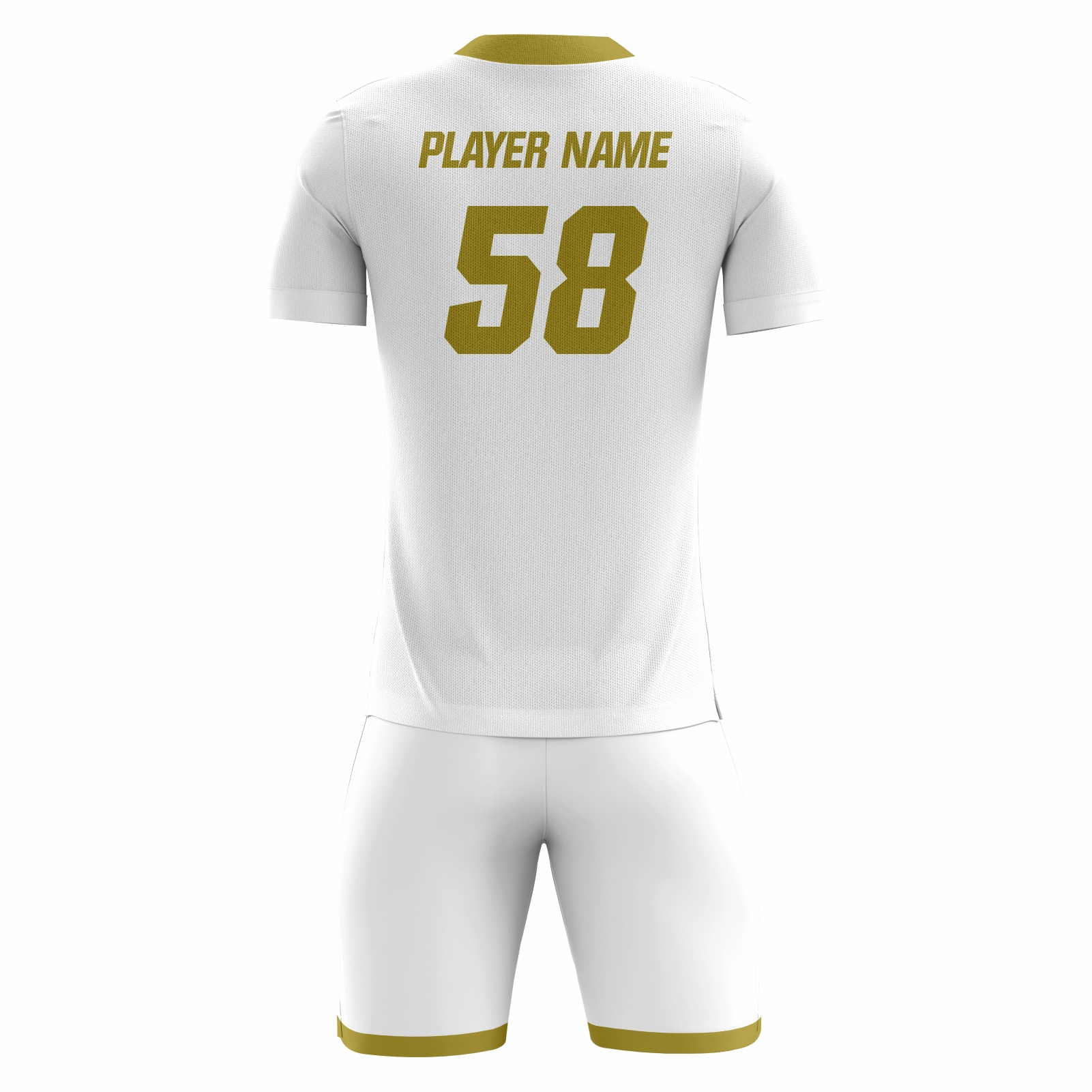 Regalis fully sublimated custom soccer uniform in white, navy and gold
