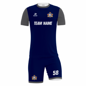 Slatecore fully sublimated custom soccer uniform in navy and slate grey