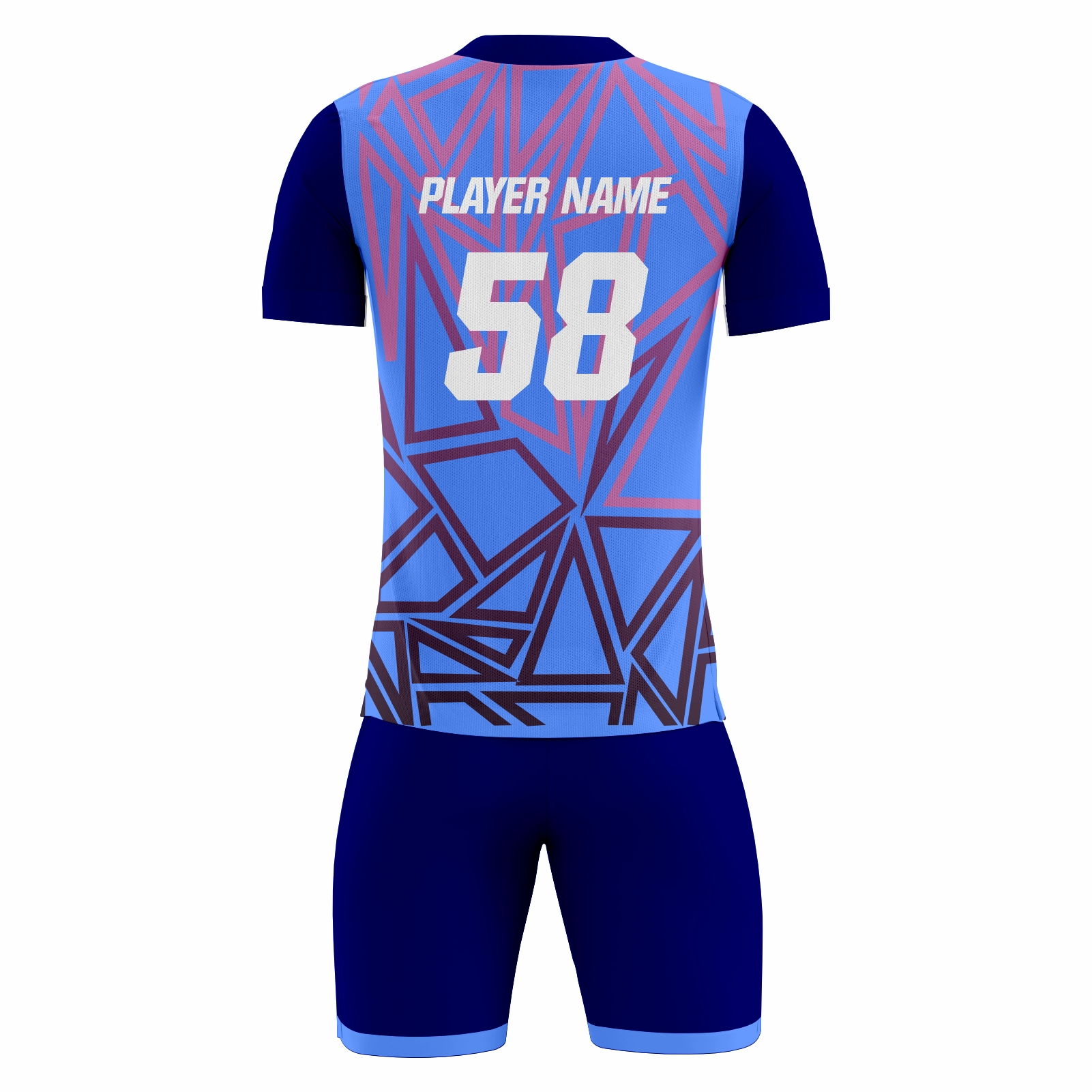 Vectora fully sublimated custom soccer uniform in periwinkle blue and navy